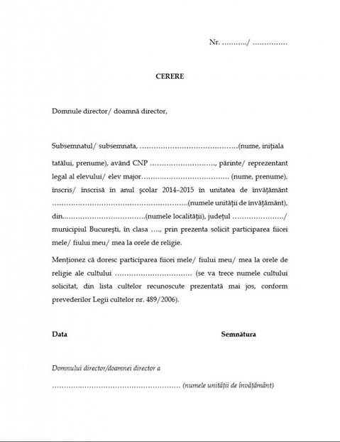 cererea care a fost distribuită părinților spre a fi completată