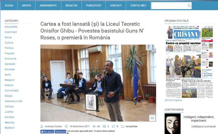 Cartea a fost lansată  şi  la Liceul Teoretic Onisifor Ghibu   Povestea basistului Guns N’ Roses  o premieră în România.jpg